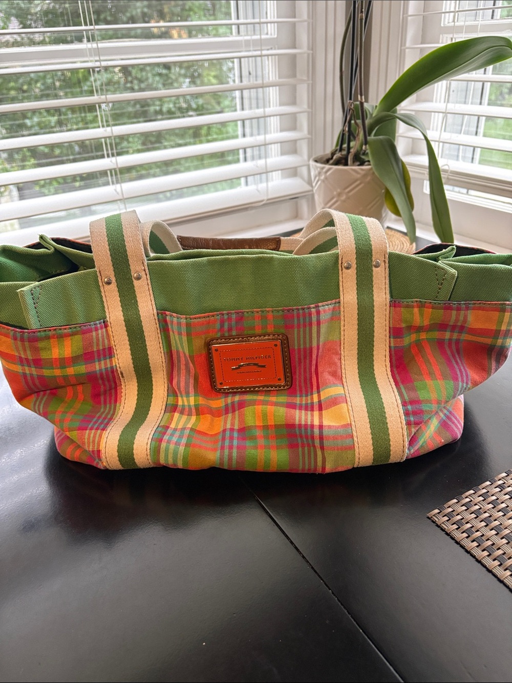 Tommy Hillfinger Multicolor Plaid Canvas Tote with Green Trim